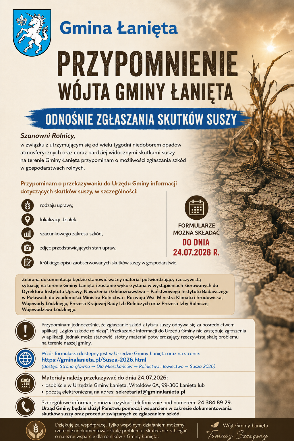 Przypomnie komunikat dotyczący suszy w&nbsp;gospodarstwie rolnym