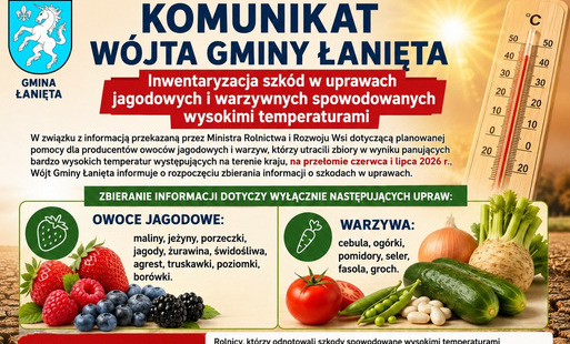 Grafika dotycząca komunikatu Wójta Gminy Łanieta w sprawie inwentaryzacja szkód w uprawach jagodowych i warzywnych spowodowanych wysokimi temperaturami