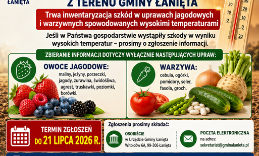 Grafika dotycząca przypomnienia komunikatu Wójta Gminy Łanieta w sprawie inwentaryzacja szkód w uprawach jagodowych i warzywnych spowodowanych wysokimi temperaturami.