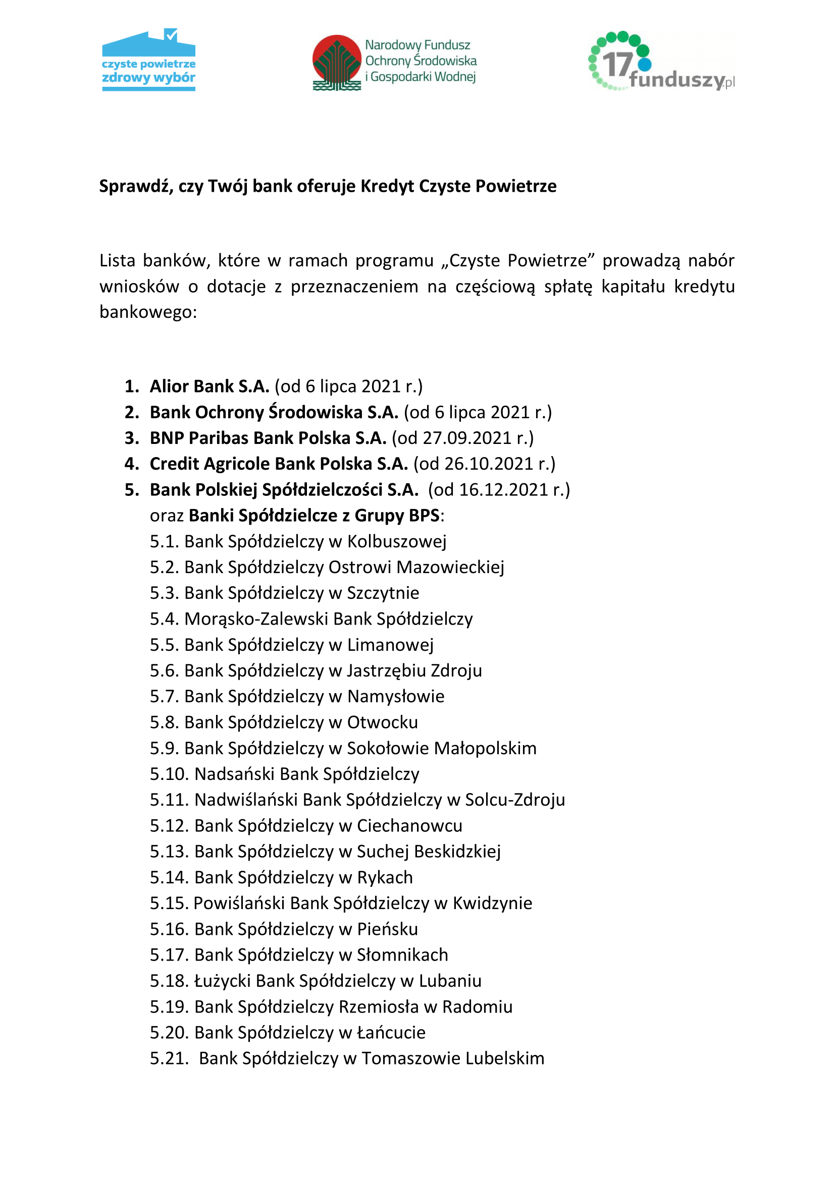 Lista banków uczestniczących w Programie - część 1