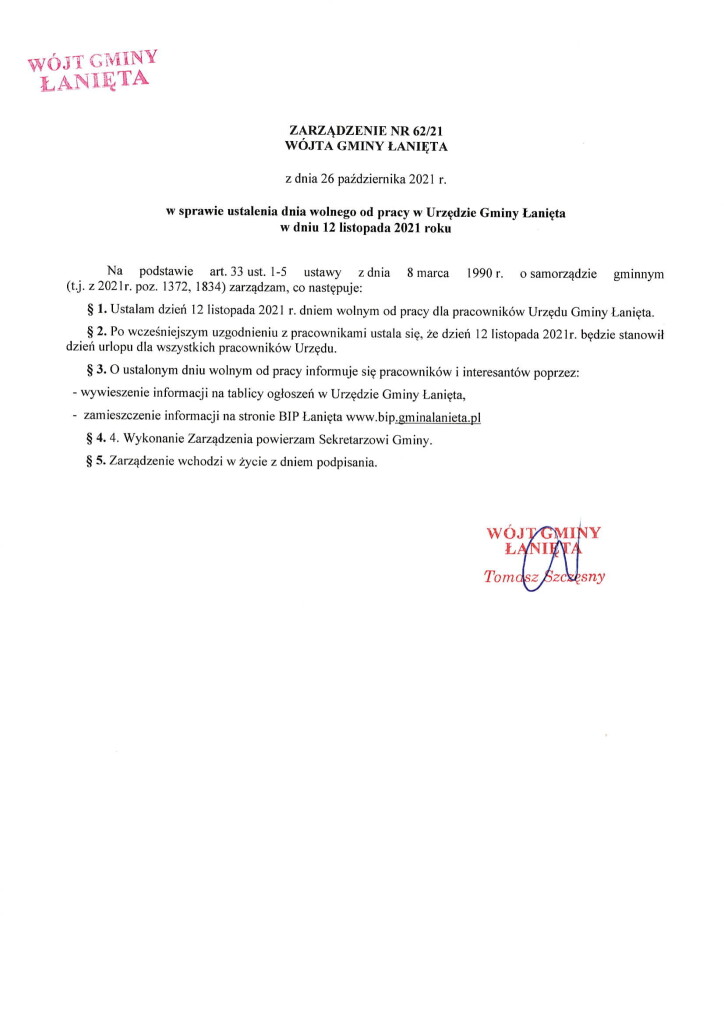 Zarządzenie 62. 21 w sprawie ustalenia dnia wolnego od pracy w Urzędzie Gminy Łanięta-1-1