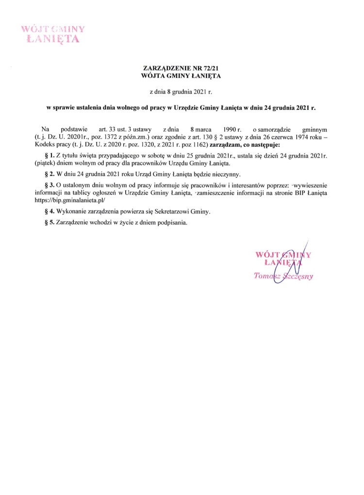 Zarządzenie Nr 72.21 w sprawie ustalenia dnia wolnego od pracy w Urzędzie Gminy Łanięta w dniu 24 grudnia 2021 r.-1