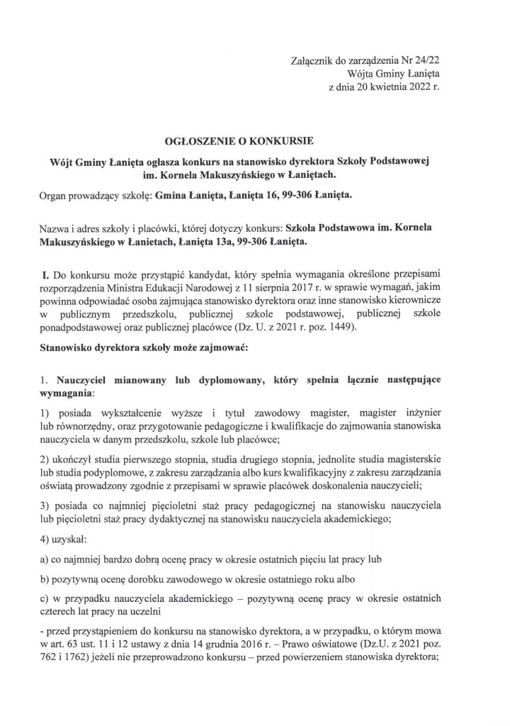 Zarządzenie 24.22 w sprawie ogłoszenia konkursu na stanowisko dyrektora Szkoły Podstawowej im. Kornela Makuszyńskiego w Łaniętach (2)-2