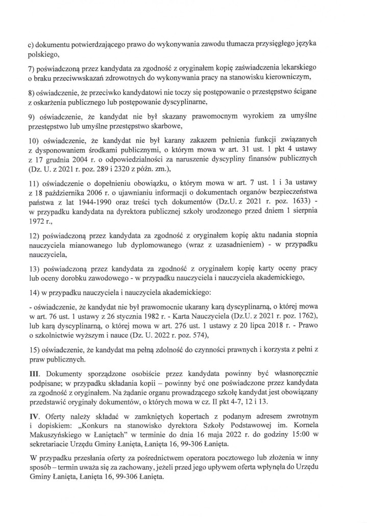 Zarządzenie 24.22 w sprawie ogłoszenia konkursu na stanowisko dyrektora Szkoły Podstawowej im. Kornela Makuszyńskiego w Łaniętach (2)-5