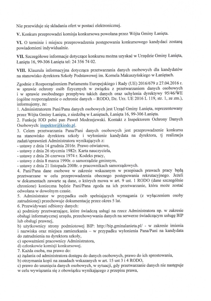 Zarządzenie 24.22 w sprawie ogłoszenia konkursu na stanowisko dyrektora Szkoły Podstawowej im. Kornela Makuszyńskiego w Łaniętach (2)-6